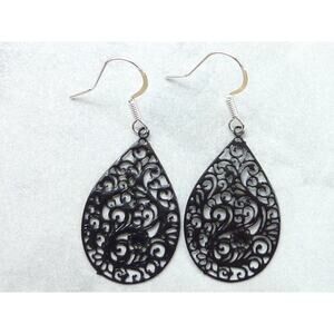 Black Filigree Teardrop Earrings Silver